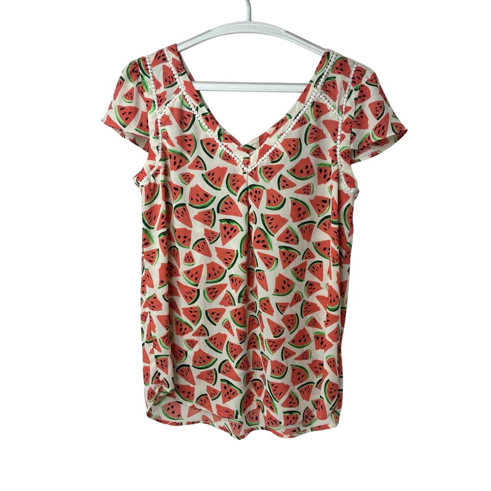 Anthropologie Maeve Watermelon Pom Pom Trim Print Top Women Size 4 Travel